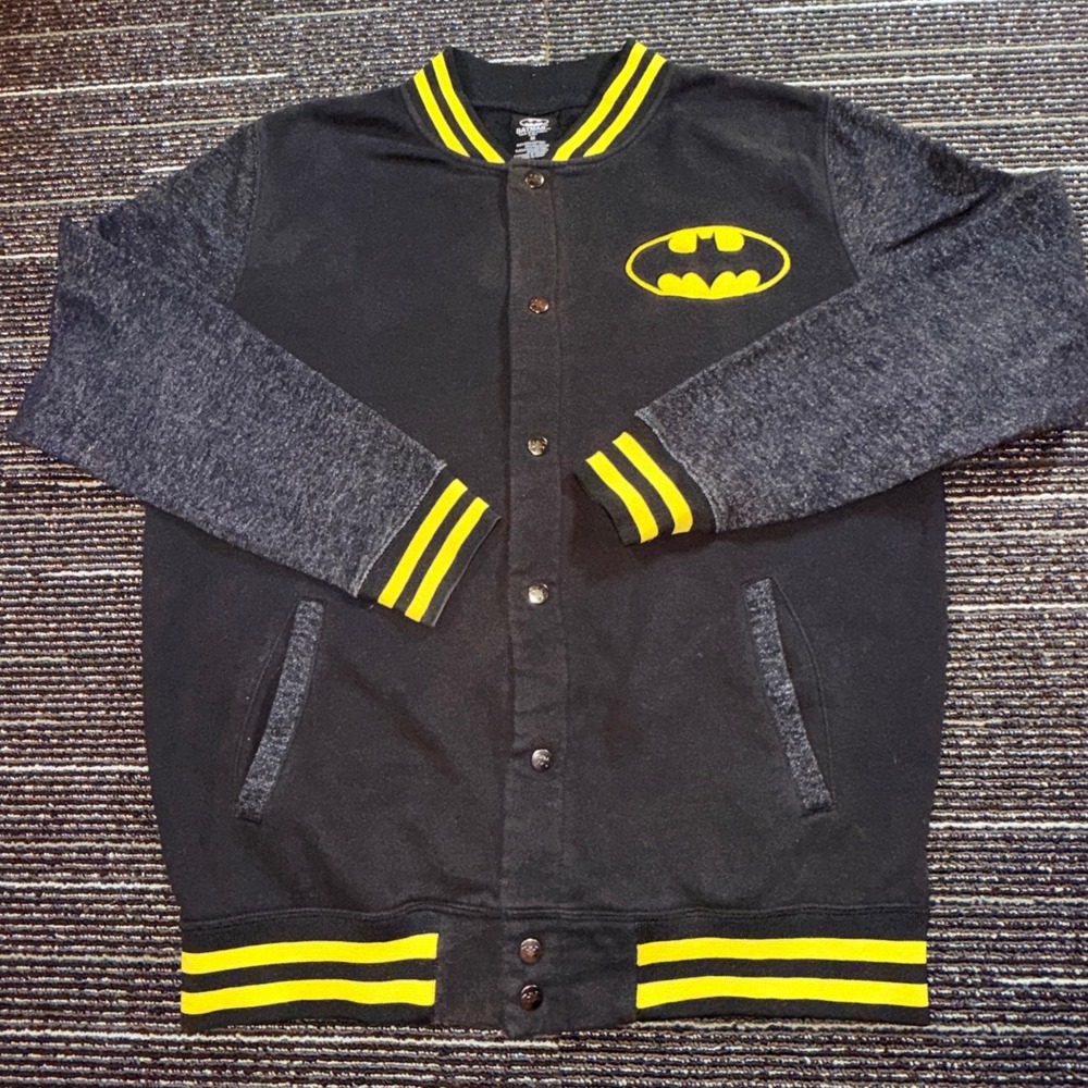 Batman Varsity Jacket Mens M Black Gray Yellow Letterman Logo